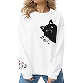 PWGVCAZ Women Graphic Cat Embroidery Crewneck Sweatshirts Funny Claws Pullover Tops Cat Lovers