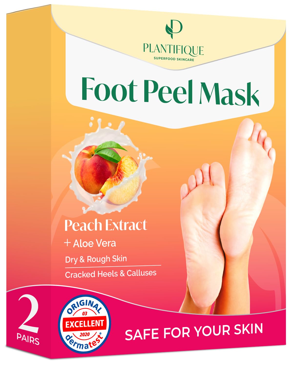 Plantifique Foot Peel Mask – 2 Pairs Exfoliating & Dermatologically Tested Foot Treatment, Removes Dead Skin & Repairs Heels for Soft Feet – Peach Scent, Gift for Women & Men