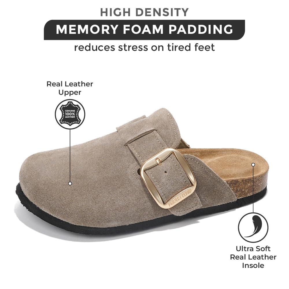 Project Cloud Genuine Leather Clogs for Women Shoes - Memory Foam Insole, Non-Slip & Natural Cork Footbed Arch Support Big Buckle Womens Clogs and Mules for Women Footwear (Manchester)