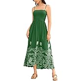 Bsubseach Spaghetti Strap Maxi Dress Women Smocked Midi Dresses Flower Embroidered Summer Sundress Boho Beach Vacation