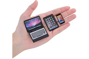 cobee 3Pcs Miniature Dollhouse Décor, 1:12 Metal Simulation Laptop Tablet Smart Phone, Mini- Dollhouse Miniatures Furniture Accessories, Doll House Miniatures Play Set (Black 3Pcs)