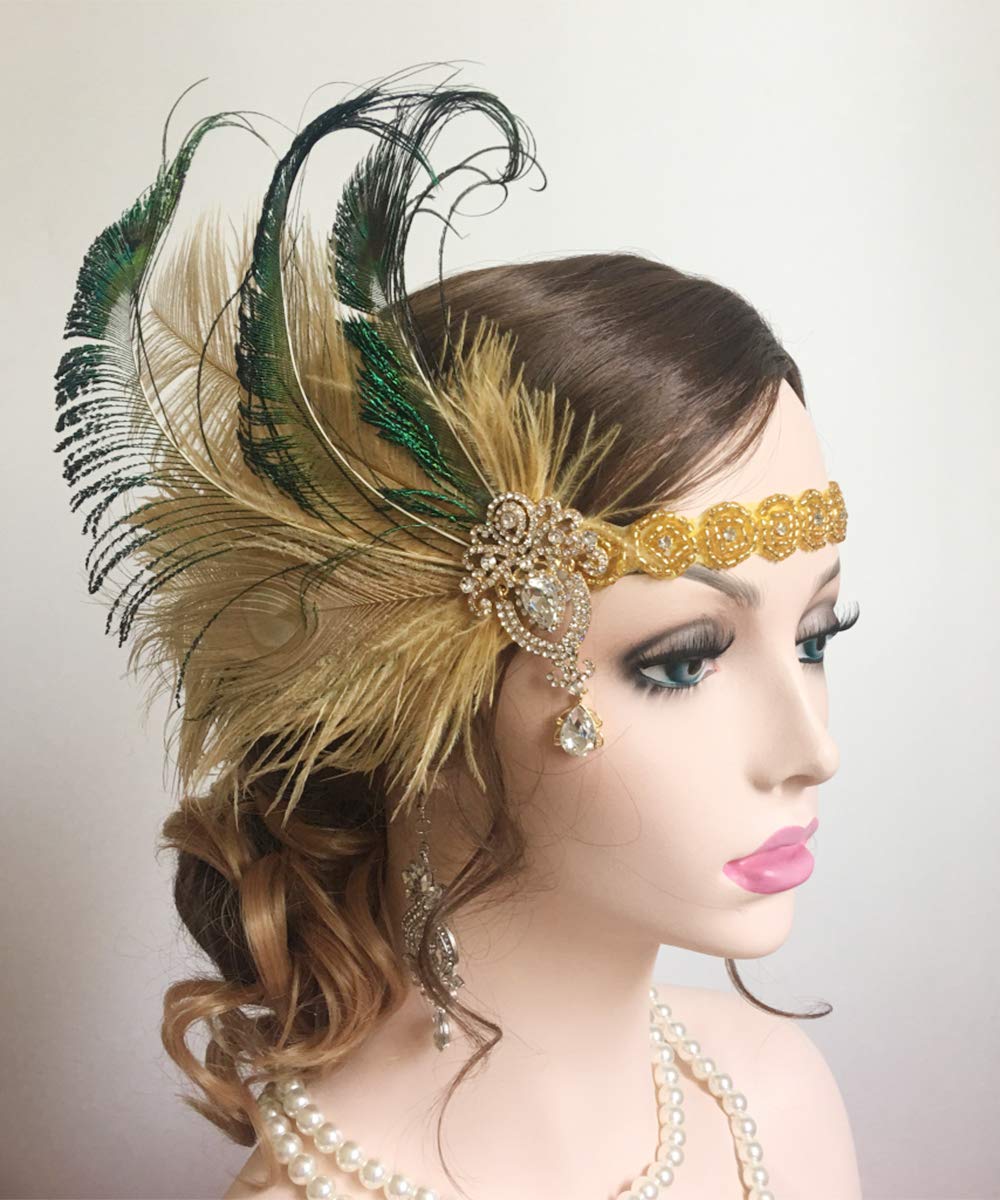 Anglacesmade Bridal 1920s Flapper Feather Headband with Crystal Beaded Head Chain Peacock Feather Roaring 20s Headpiece Prom Party Festival Gatsby Hair Jewelry for Women and Girls