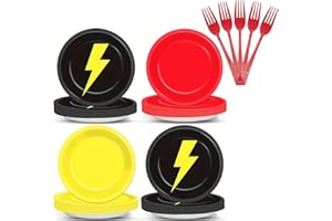 KSNOW 60 Pcs Red Black Yellow Cartoon Game Birthday Party Plates – 7 Inch Lightning Bolt Themed Disposable Paper Plates Fork 