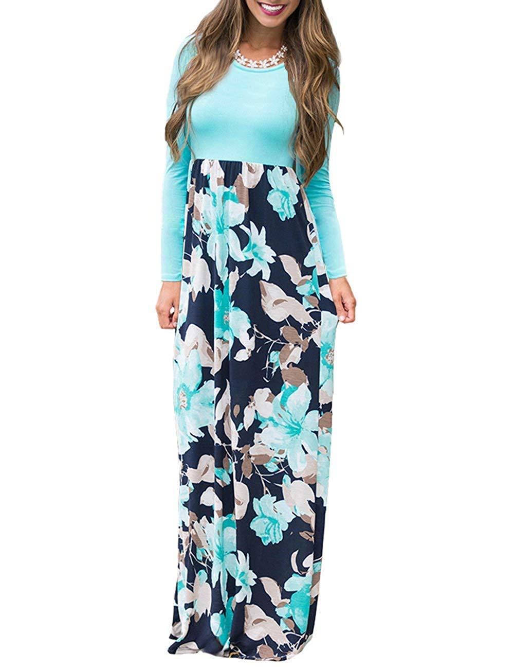AUSELILY Women Long Sleeve Loose Plain Maxi Dresses Casual Long Dresses with Pockets