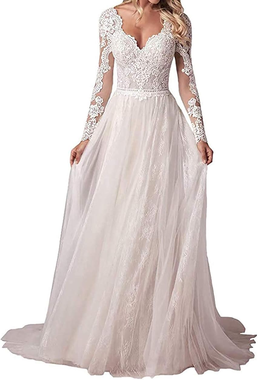 OYISHA Women VNeck Aline Lace Tulle Long Sleeves Beach