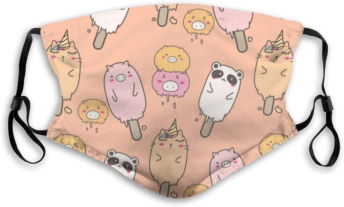 Face Masks with N99 2 Filters Cute Ice Cream Cat Cartoon Mouth Mask Reusable Face Dust Mask, Activated Carbon Replacement Filters Mask