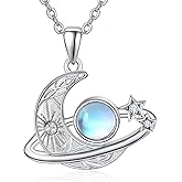 Zhi Kexin Moonstone Necklace 925 Sterling Silver Moon Star Pendant Planet Saturn Necklace Celestial Jewelry for Women