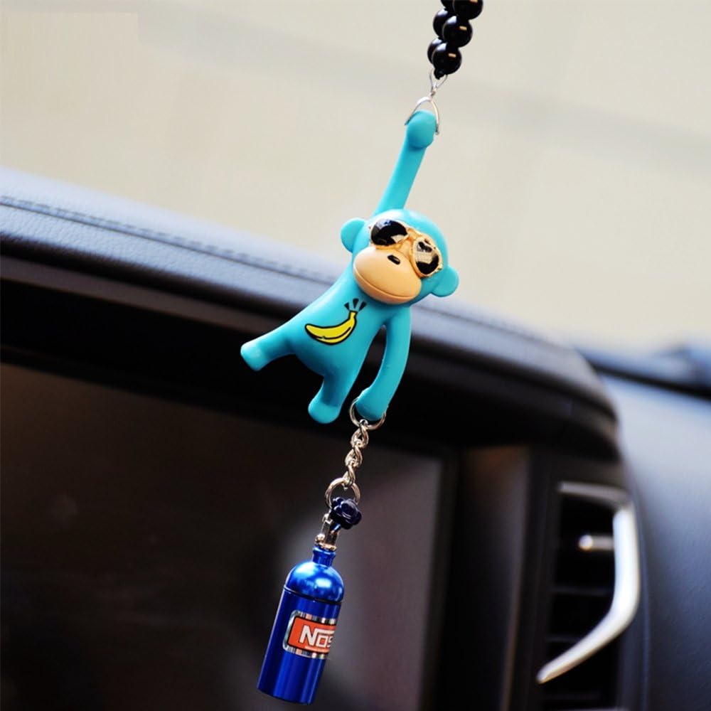 YGMONER Wearing Sunglasses Monkey Car Charm Interior Rear View Mirror Hanging (Blue& nitrogen Bottle)