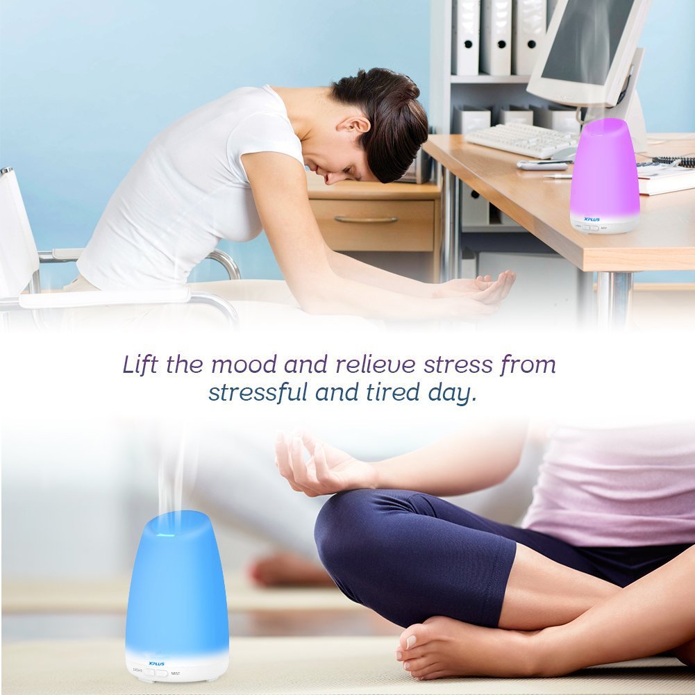 Essential Oil Diffuser, XPLUS 120ML Portable Ultrasonic Aromatherapy Diffusers with Multi-Changeable Colored LED Lights and Waterless Auto Shut-off Adjustable Mist Mode for Bedroom,Nursery or Office