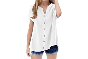 Girls Cotton Linen Shirts Short Sleeve Button Down Blouses Teen V Neck Summer Shirt Dressy Casual Trendy Tees Uniform Tops