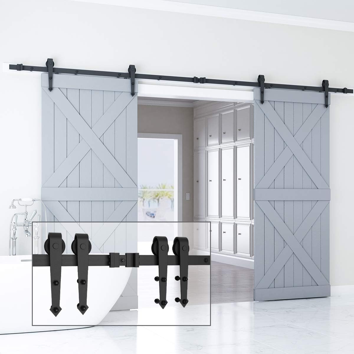 Genius Iron 12FT Double Barn Door Hardware, Classic Design Standard Track with Upgraded Nylon Bearings, for 30in-36in Wide Sliding Door Panel, Easy Installation, [ Arrow Shape ], Black
