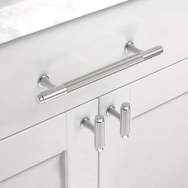 ASIDRAMA 10 PACK KNURLED BRUSHED SATIN NICKEL KITCHEN CABINET KNOBS DRESSER KNOBS DRAWER KNOBS SINGLE HOLE CABINET T BAR PULL HANDLES FOR KITCHEN WARDROBE CUPBOARD