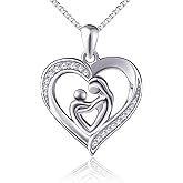 DAOCHONG Mother's Day Gift Mother Holding Child Sterling Silver Mothers Love Heart CZ Pendant Necklace for Women Mother Grandmother