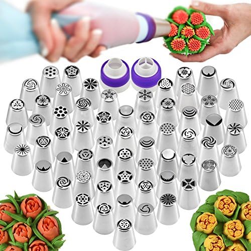 Russian Piping Tips - Cake Decorating Supplies - 126 Baking Supplies Set - 62 Icing Nozzles - 60 Pastry Disposable Bags- 2 Couplers- Silicone Bag- Gift Box- Cupcake Decoration Kit- Best Kitchen Gift