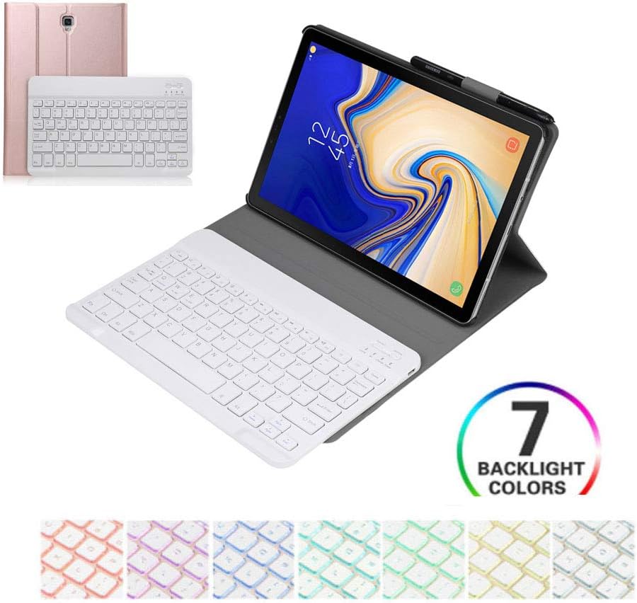 Samsung Galaxy Tab S4 10.5 2018 Keyboard Case Cover, 7 Color Backlit Slim Folio Shell Protective Stand Pu Leather Cover Removable Wireless Bluetooth Keyboard for SM-T830/T835/T837 (Rose Gold)