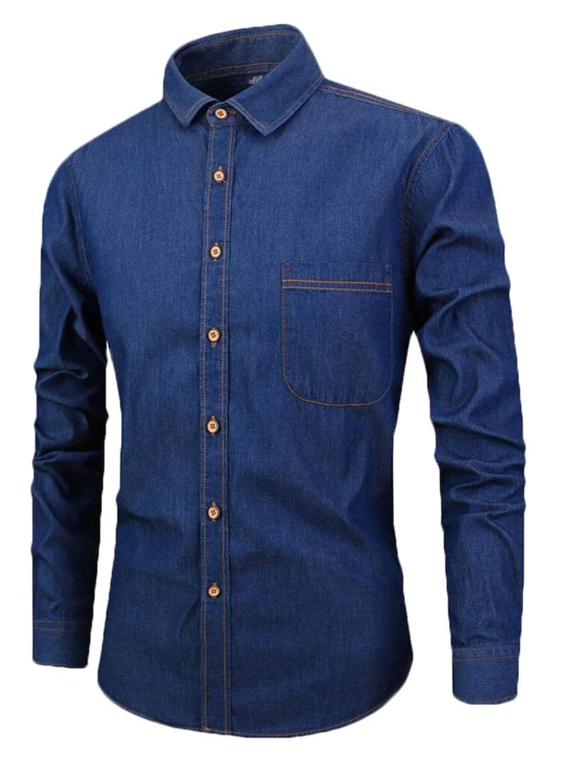 ouxiuli Mens Classic Lapel Button Down Washed Denim Jeans Dress Shirts