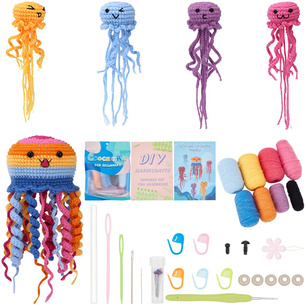SUNNYCLUE Animal Crochet Kit Complete Beginner Crochet Kit Summer Ocean Jellyfish Starter Step-by-Step Video Tutorials Learn to Stitch 3D Stuffed Crocheting Amigurumi Knitting Kits for Adult Starters