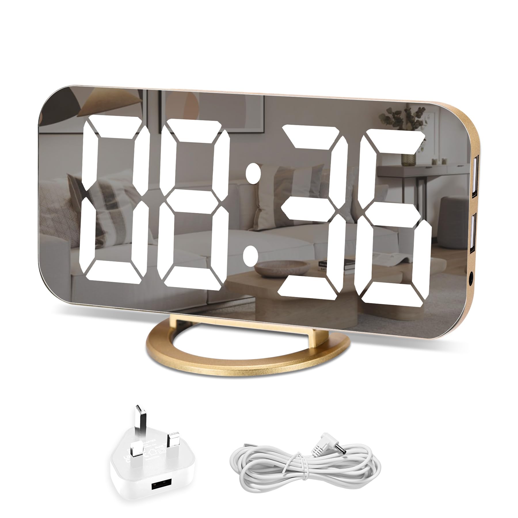 U-picks Digital Alarm Clock, 6.5" Large LED Display with Brightness Dimming Mode, Adjustable, 2 USB Charging Ports, Big SNOOZE Button for Bedroom Home Decor (Gold)