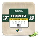 ECORECA 50-Pack Biodegradable Palm Leaf Dinnerware Set | 10-Inch Square Plates |Eco-Friendly and Microwave Safe |Disposable Plates- Design for Wedding, Parties,BBQ,Events