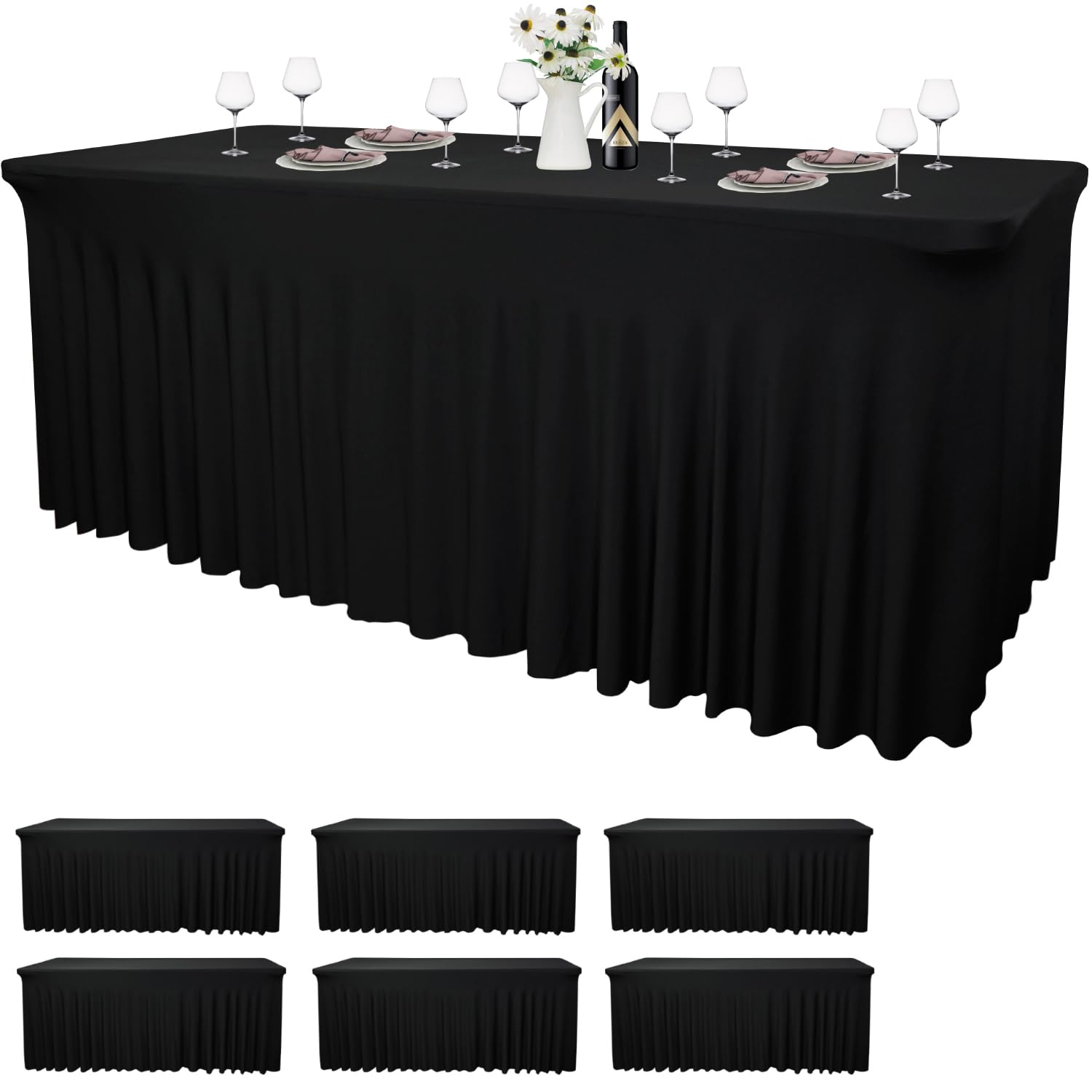 Photo 1 of **PARTIAL SET/ ONLY1**** 48" L x 24" W x 30" H | Black 6 Pack Spandex Fitted Table Skirt for Rectangle Tables | 48-Inch Stretch Table Cloth | Ideal for Trade Shows, Banquets, Restaurants, Parties, Events