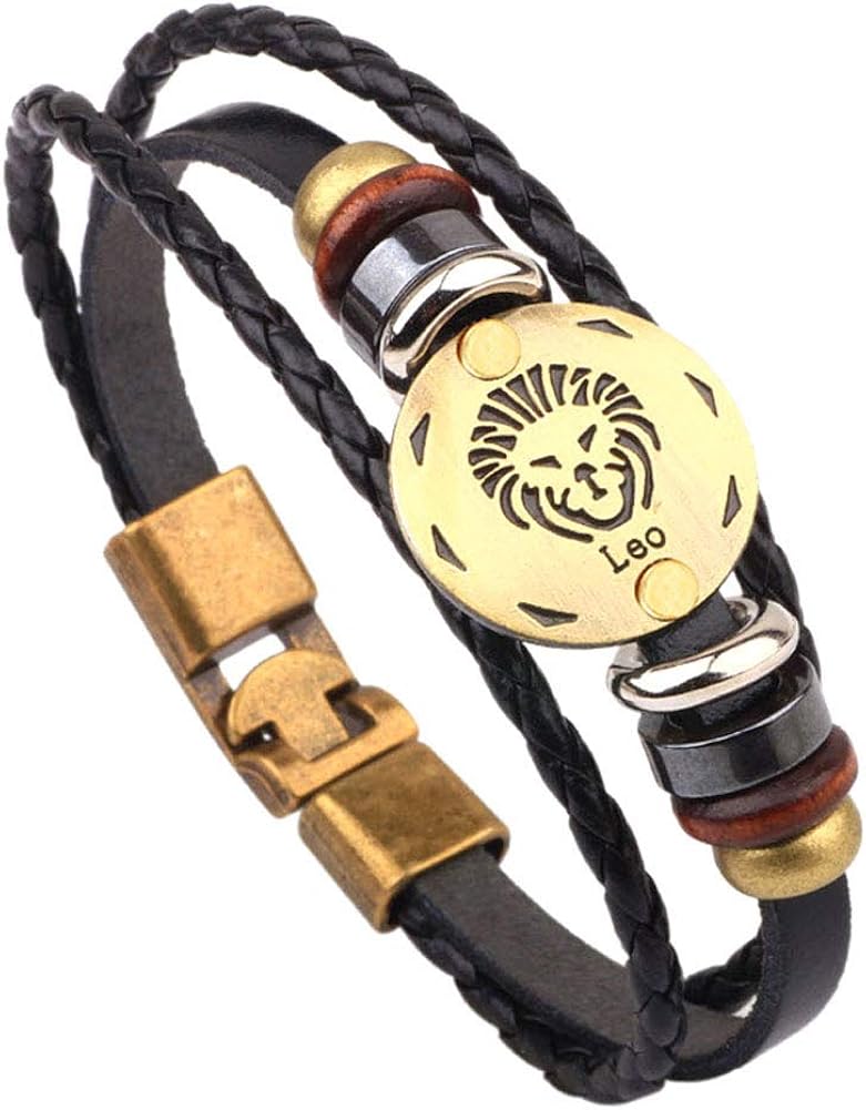 LoEnMe Jewelry Braided Bead Black Leather Wrap Leo Zodiac Constellation Bracelet: Jewelry