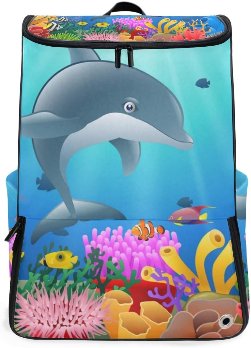 CANCAKA 19" Backpack Cartoon Dolphin Coral Reef Underwater Ocean bag