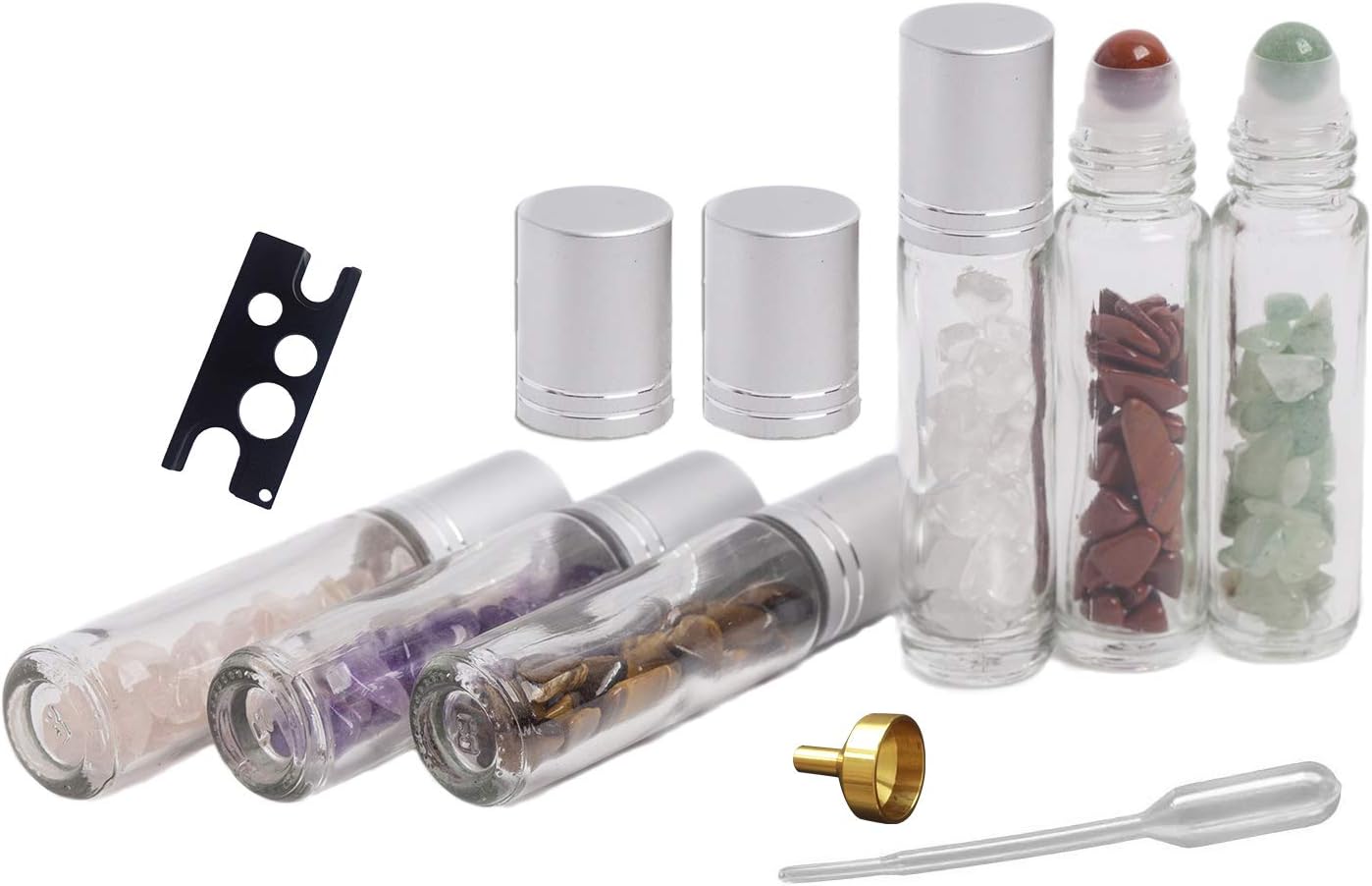 AMOYSTONE 6 Pack 10ml Essential Oils Gemstone Bottles Skinny Roller Massage Ball Clear Glass Bottles & Natural Crystals Stones Healing Chips Inside for Mothers Day Gifts (3 Dropper, 1 Bottle Opener)