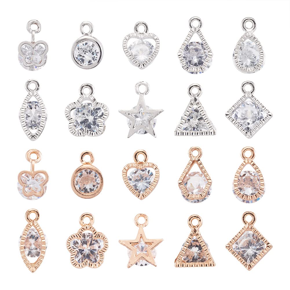 Cheriswelry 80pcs Cubic Zirconia Crystal Charms 10 Styles Geometric Rhinestone Diamond Pendants with Metal Frame for Jewellery Making