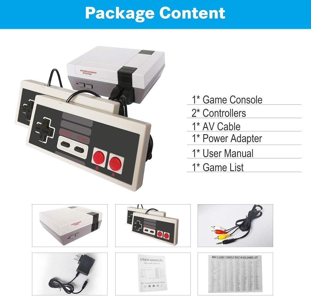 Classic Mini Retro Game Console with Built-in 620 Games and 2 NES Classic Controllers, AV Output Video Games for Kids, Children Gift, Birthday Gift Happy Childhood Memories: Toys & Games