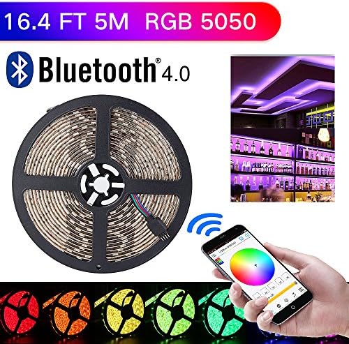 sanwo Bluetooth controller light bar kit (Bluetooth controller + Light strip + Manual) with 12V 5A Power supply, 16.4ft(5m) 300LEDS 5050RGB waterproof LED lights, support for Android and IOS system