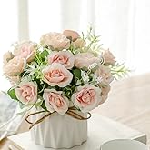 TKAS Fake Flowers Arrangement in Ceramic Vase, Artificial Faux Silk Roses, Small Realistic Dried-Style Floral, Dining Table Centerpiece for Wedding Party Home Decoration (Pink)