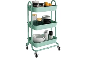 Elitehouse 3-Tier Green Utility Rolling Cart with Plastic Baskets,Kitchen Storage Carts with Wheels,Green Metal Rolling Cart for Office,Home,Kitchen,Garden（18"x11.4"x31.2"）