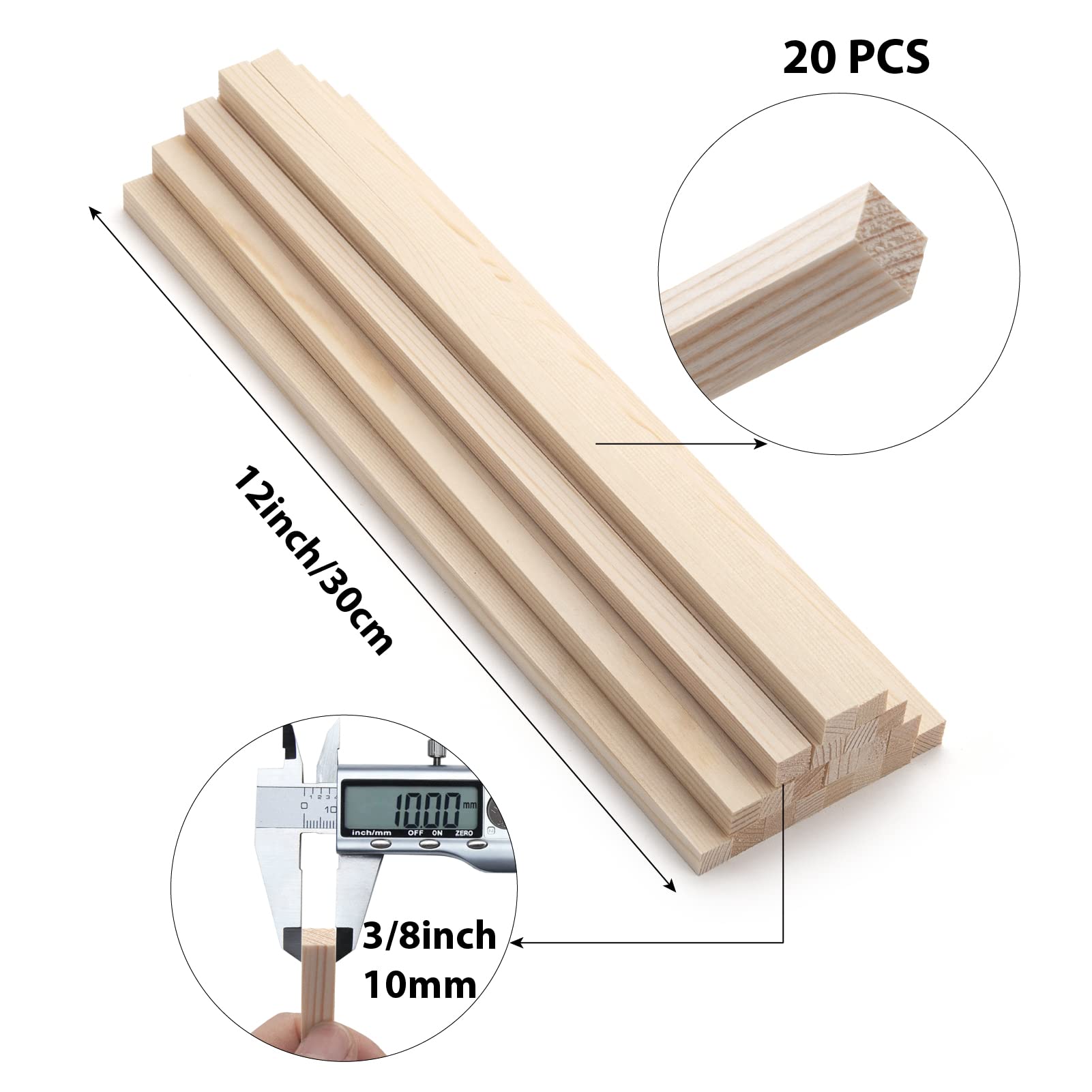 Square Wood Dowel Rods Wooden Craft Sticks, 20PCS 3/8