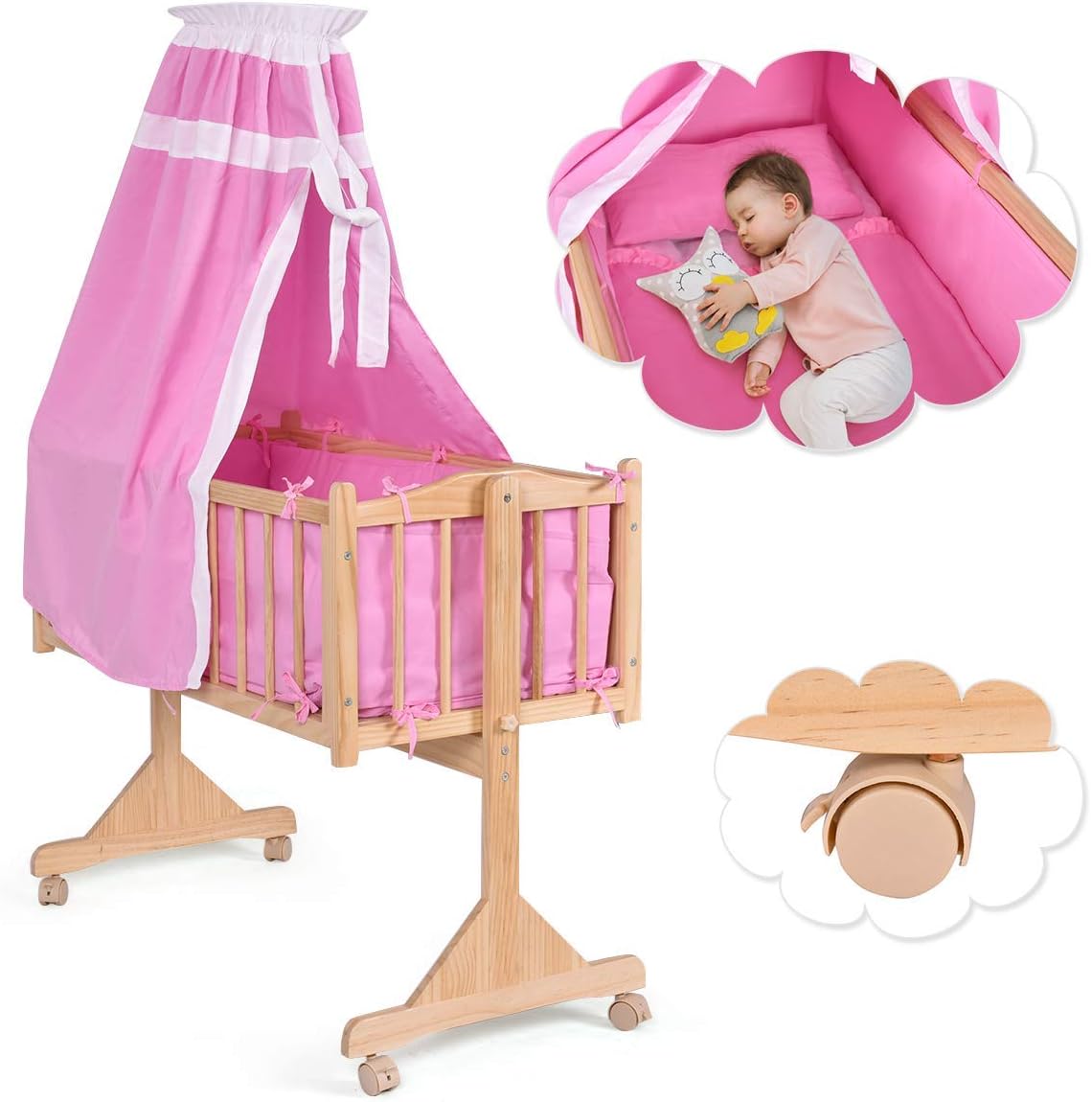 Napravi Rs Lits Cages Ameublement Et Decoration Rose Costway Berceau Bebe En Bois Avec Moustiquaire Lit Bebe Equipe De Roues 100 X 50 X 144cm