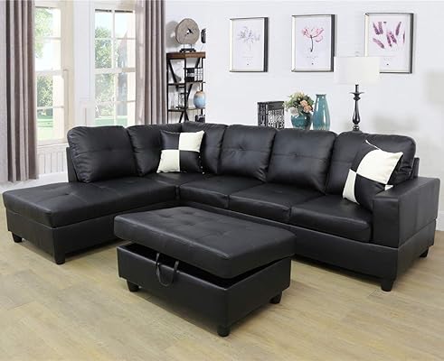 Ainehome Faux Leather 3-Piece Sectional Sofa with Chaise Ottoman