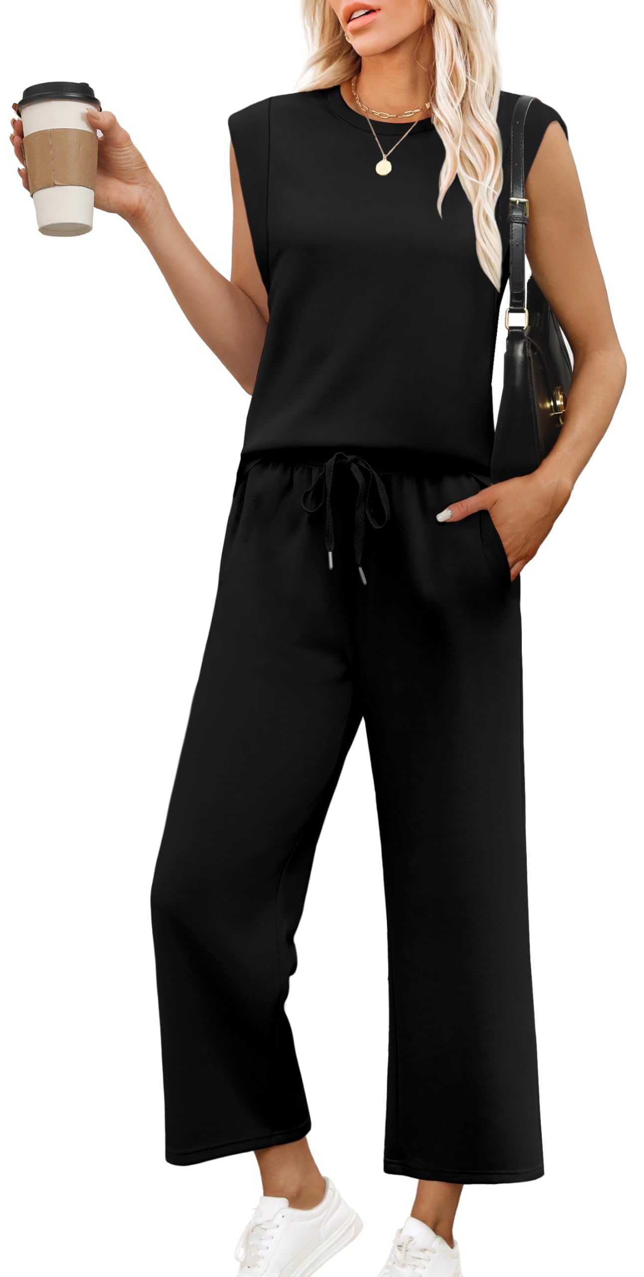 Photo 1 of *PANTS ONLY* OFEEFAN Lounge Sets for Women 2 Piece Matching Sets Women Clothing Cute Business Casual Travel Spring Summer Outfits Beach Vacation Clothes Black LG