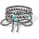 Shanmeidㅤ Navajo Pearl Bracelet,Navajo Pearls Jewelry Bracelets for Women,Vintage Boho Beaded Chain Bow Bracelet for Cowgirl, Silver Handmade Long Layered Bracelets Fashion Accessories