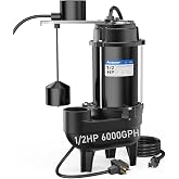 Acquaer 1/2 HP Submersible Sewage Pump 6000 GPH Auto Vertical Float Switch | Cast Iron Effluent Pump, Piggyback Plug, 115V, 2'' NPT Discharge, Sump Pump for Sump Basin, Basement, Residential Sewage