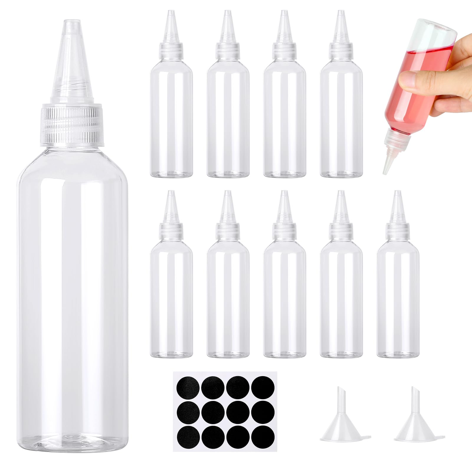 Amentalove 12PCS 100ml Squeezy Bottles with Nozzles, Small Squeeze Bottle, Squeezy Sauce Bottles, Clear Plastic Condiment Bottle with Funnels Labels for Sauce Oil Ketchup DIY Crafts