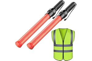 CRAGIEER 2 Pack Traffic Wand and Reflective Safety Vest, 21 Inch Traffic Control Wand with 3 Flashing Modes, Light Sticks with 6 Red LED Lights Inside for Parking, Car Directing, School and Outdoor Use