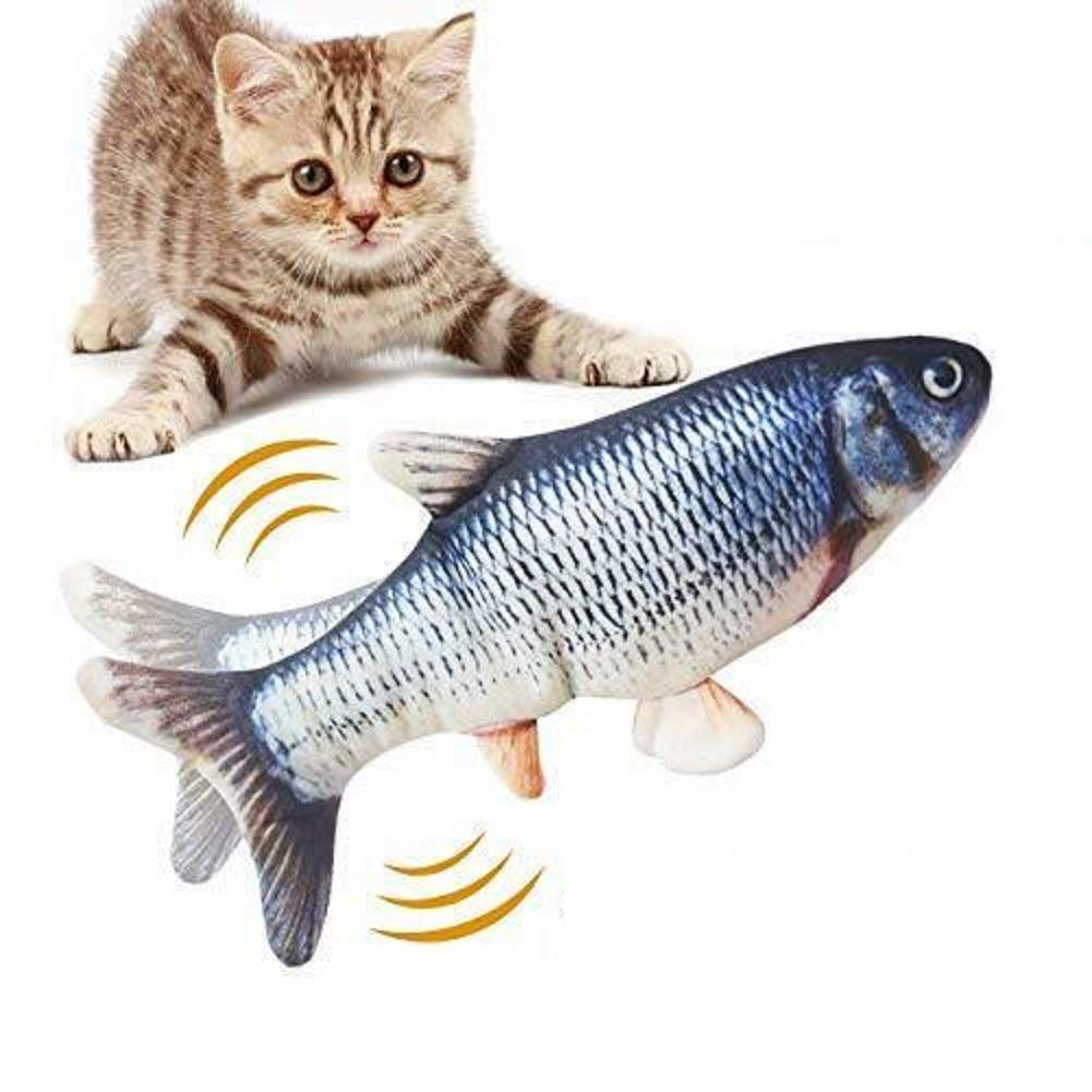 Photo 1 of 11" Electric Moving Fish Cat Toy Realistic Flopping Catnip Kicker Toy Plush Simulation Wagging Fish Wiggle Interactive Cat Toy Pets Chew Bite Supplies with Motion Sensor, USB Charged, Catnip Pouches