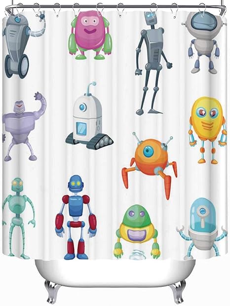 Amazon 漫画スタイルのソフトシャワーカーテンで面白いロボットのキャラクター Androidと宇宙飛行士のベクトルマスコットセット 0x180 Cm シャワーカーテン ホーム キッチン オンライン通販