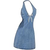 WDIRARA Women's Bow Halter Mini Jean Dress Lace Trim Sleeveless Backless Denim Dresses