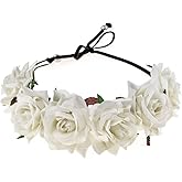 Floral Fall Rose Red Rose Flower Crown Woodland Hair Wreath Festival Headband F-67 (Ivory)