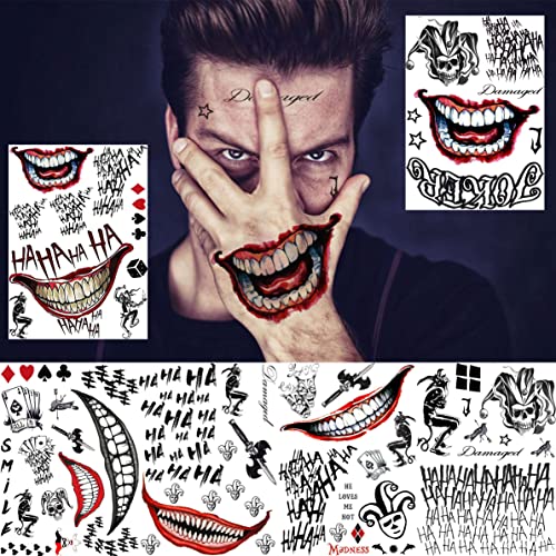 GOROMON 6 Sheets The Joker Temporary Tattoos For Halloween Makeup Kit