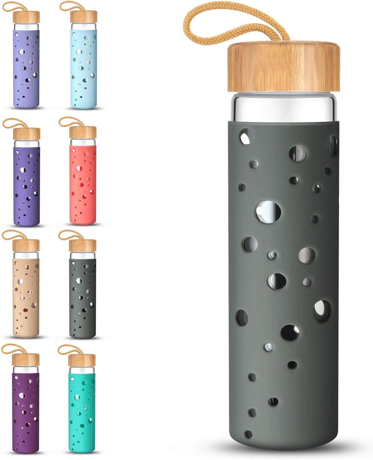 Tronco 20oz Glass Water Bottle with Silicone Protective Sleeve and Bamboo Lid - BPA Free