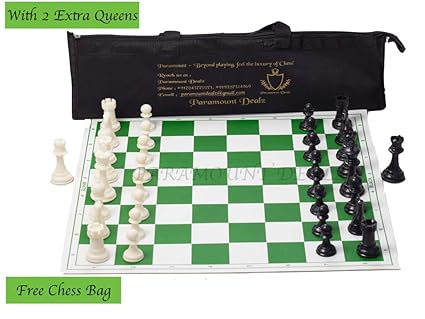 Paramount Dealz 17x 17 Professional Vinyl Chess Set (Fide Standards)- with 2 Extra Queens/Carry Pouch, Green