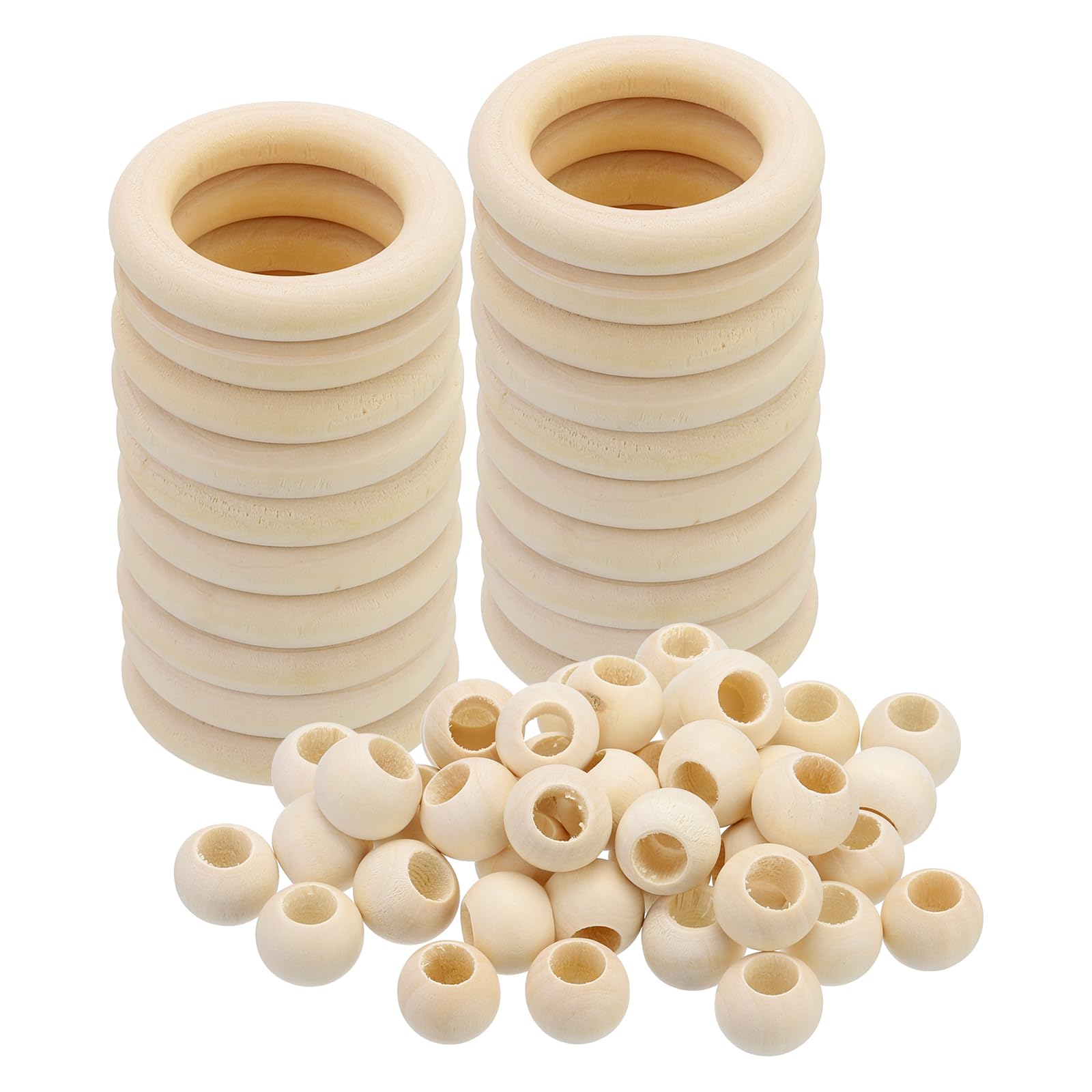 PATIKIL Natural Wood Rings and Unfinished Wooden Beads Set, 20Pcs 55mm Wood Hoop & 50Pcs 20mm Wood Color Round Loose Beads for DIY Pendant Connectors Jewelry Making Macrame Wall