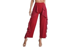 Jowowha Women's Chiffon Ruffle Dance Pants Ballroom Latin Tango Salsa Practice Performance Dancing Costume Pants