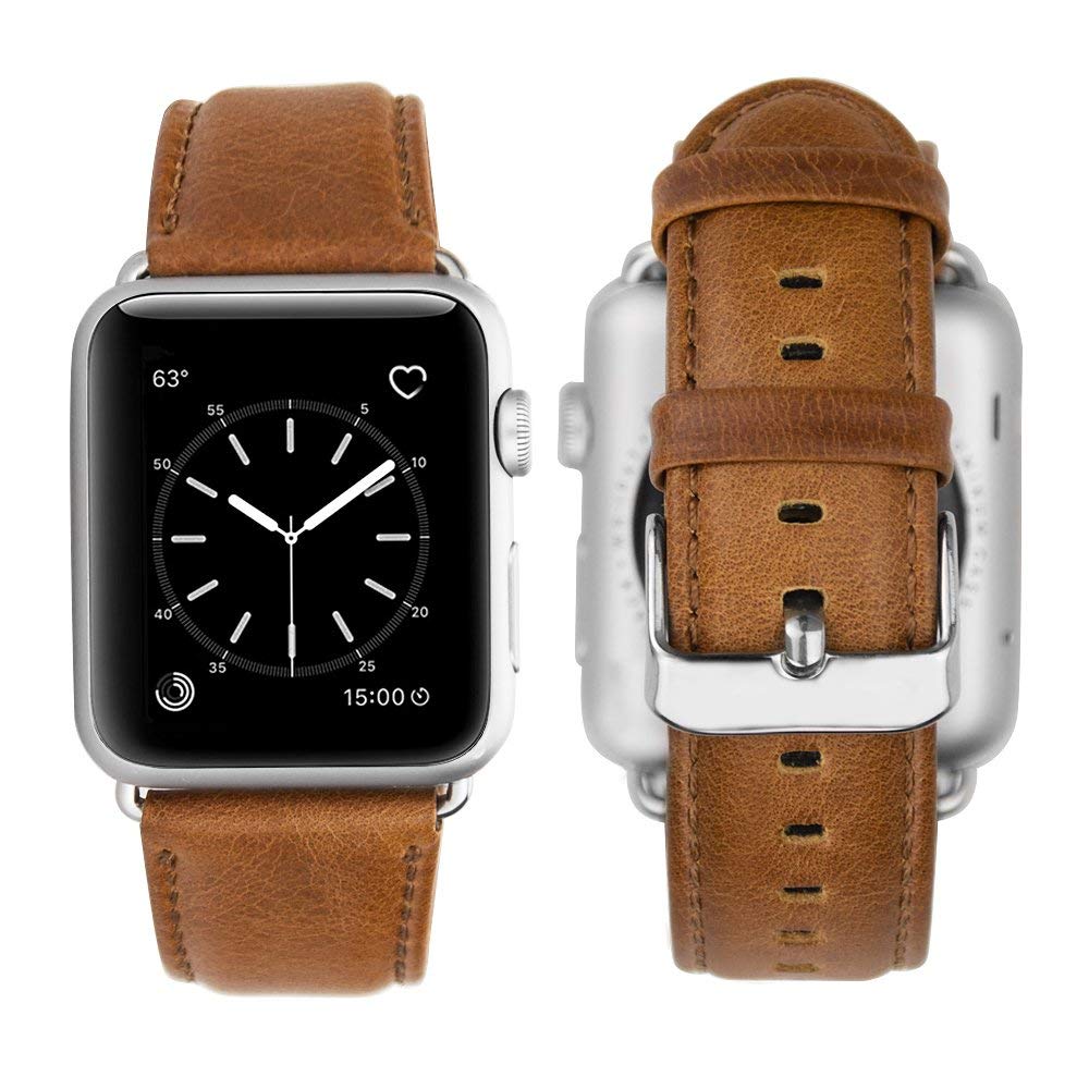 Apple Watch Leather Band, 42mm Vintage Apple Watch Series 3 Band Genuine Leather Replacement Band with Classic Stainless Steel Buckle for All 42mm Apple Watch Series 1 & Series 2 (42mm Brown)